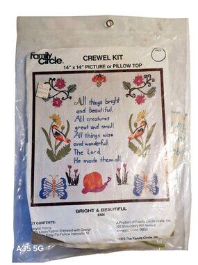 Family Circle 1973 Crewel Kit "Bright & Beautiful" 14"x14" Picture Or Pillow Top